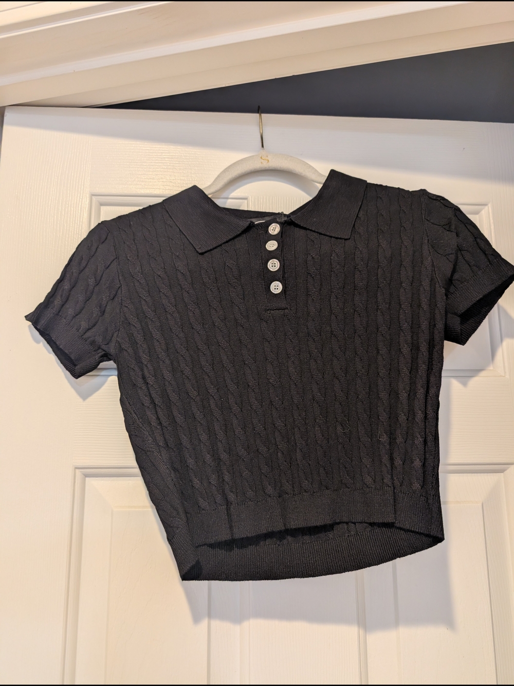 Cider Black Cable-Knit Polo Crop Top
